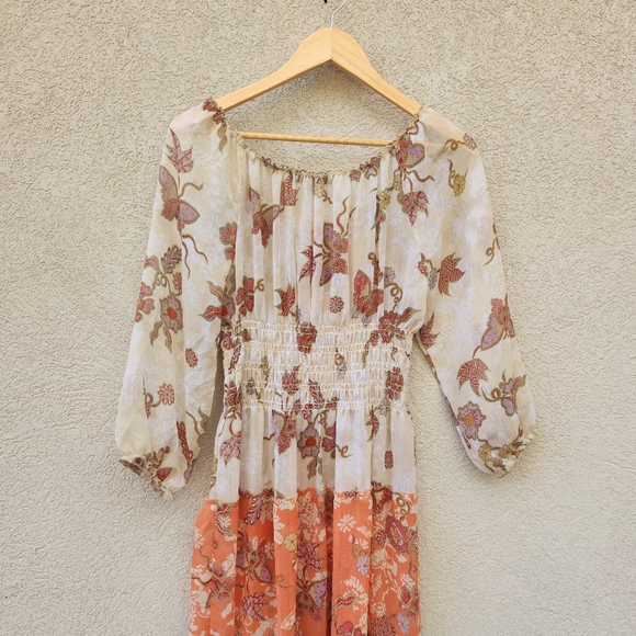 FIG & FLOWER Maxi Dress Women's Large Petite Prarie Tiered Chiffon Boho Puff Slv - Picture 7 of 14